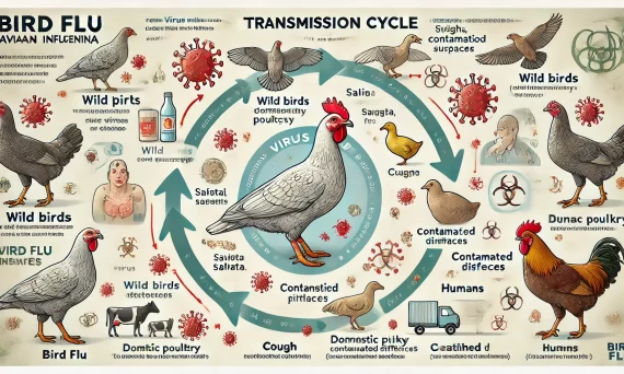 A detailed illustration showing the transmission cycle of bird flu (avian influenza), including interactions between wild birds, domestic poultry in 2025