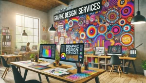 a creative, colorful studio environment showcasing graphic design services for businesses. The scene includes designers working on high-resolution