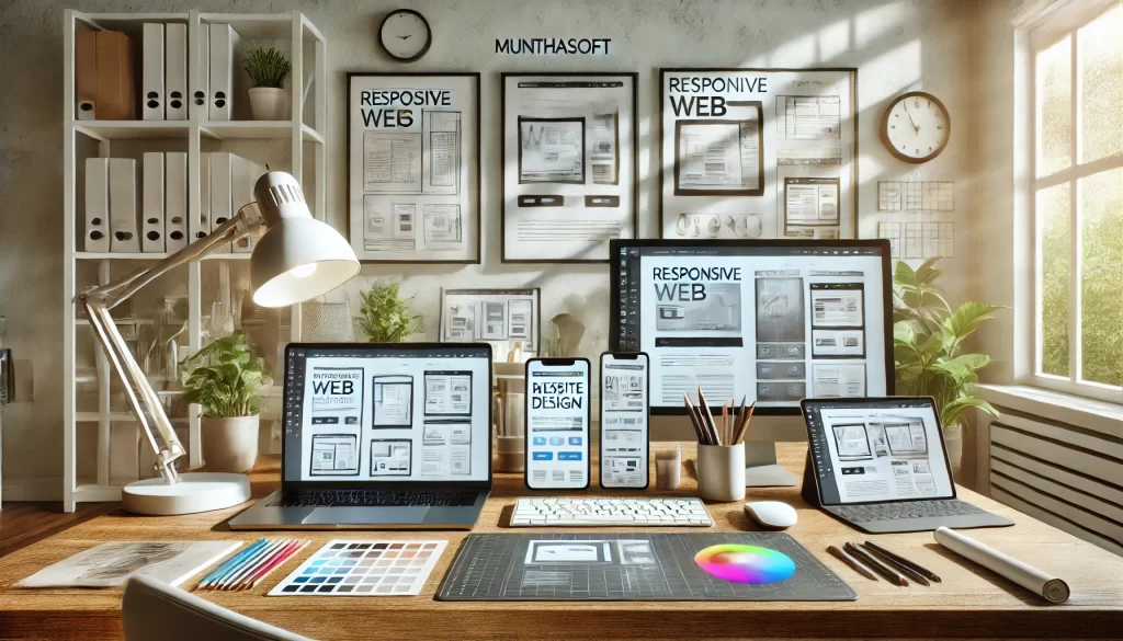 a modern and professional website design workspace showcasing multiple devices.