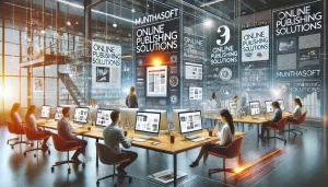 a modern digital workspace showcasing online publishing solutions for businesses. The scene features professionals working on sleek computers