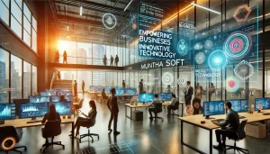 a modern, vibrant office environment showcasing innovative technology solutions for businesses. The scene includes diverse professionals collaborating at Munthasoft