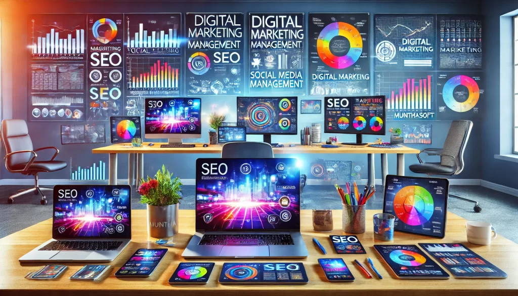 a vibrant and dynamic Hyderabad’s Top Digital Marketing Agency workspace showcasing multiple devices (desktop, laptop, tablet, and smartphone) displaying analytics