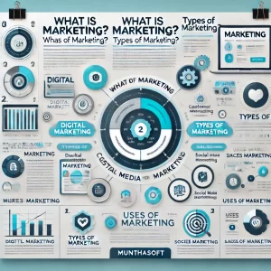 'What is Marketing_', 'Types of Marketing', and 'Uses of Marketing'. The design should be professional