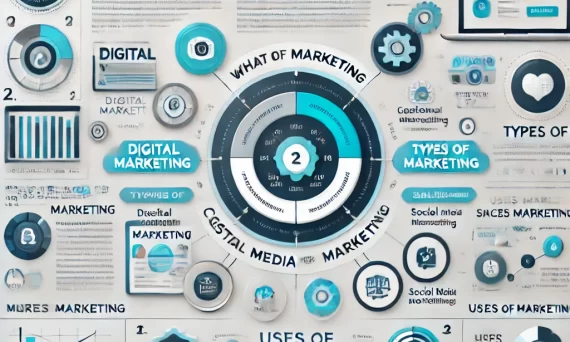 'What is Marketing_', 'Types of Marketing', and 'Uses of Marketing'. The design should be professional